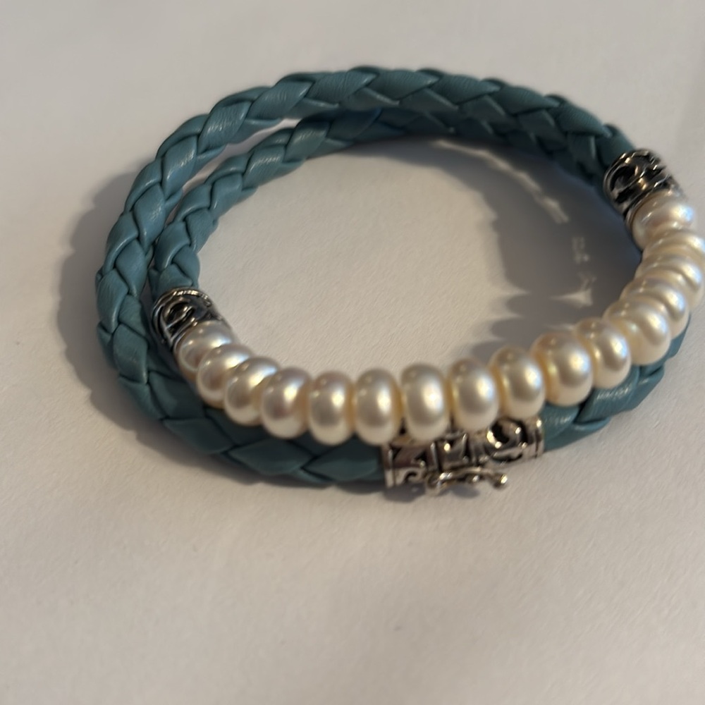 HONORA sterling silver blue leather Braided and Pearl Necklace bracelet